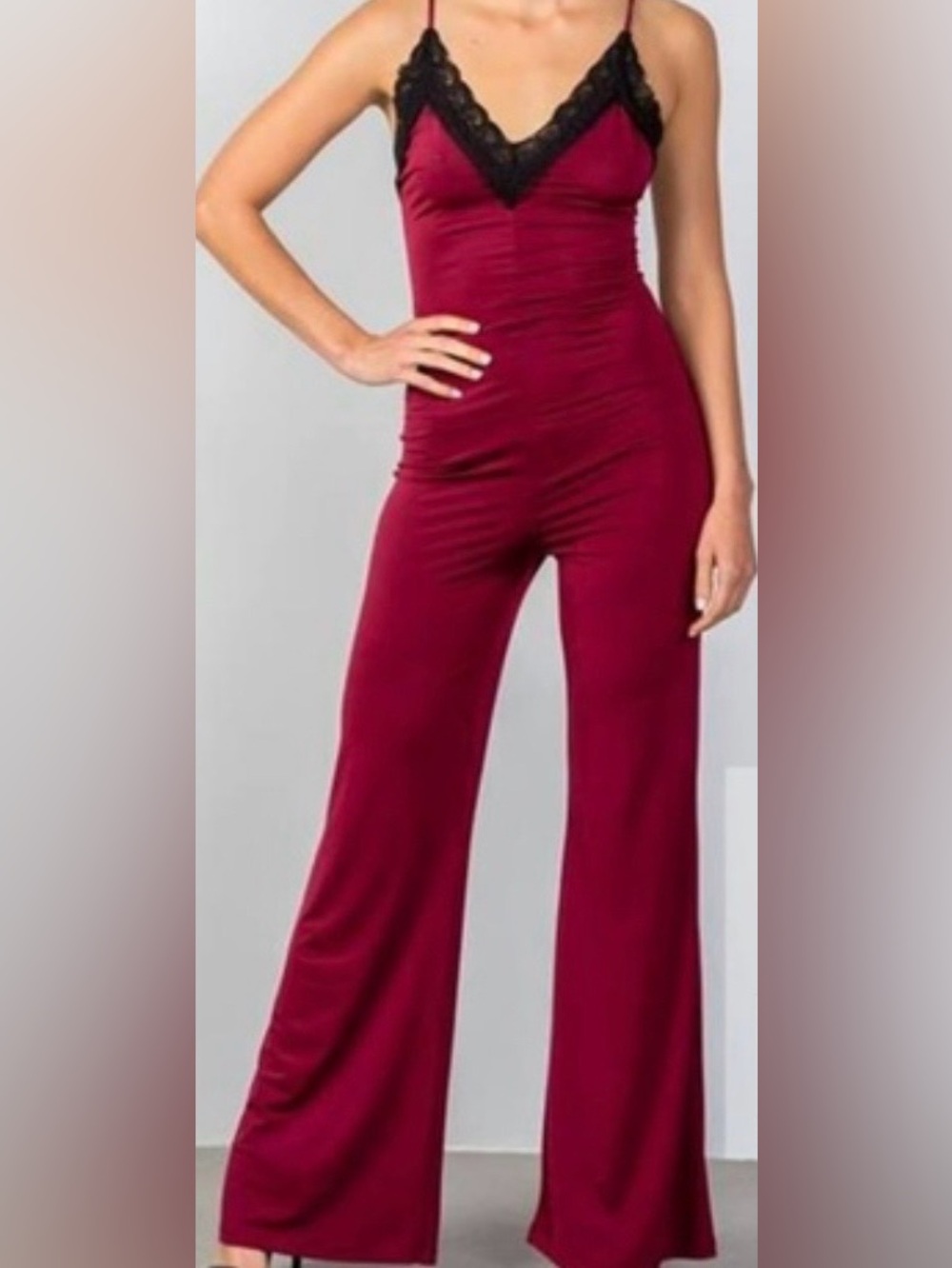 SYMPHONY Lace Trim Palazzo Jumpsuit Wide Leg Burgundy Sz Medium Party Sexy 70’s